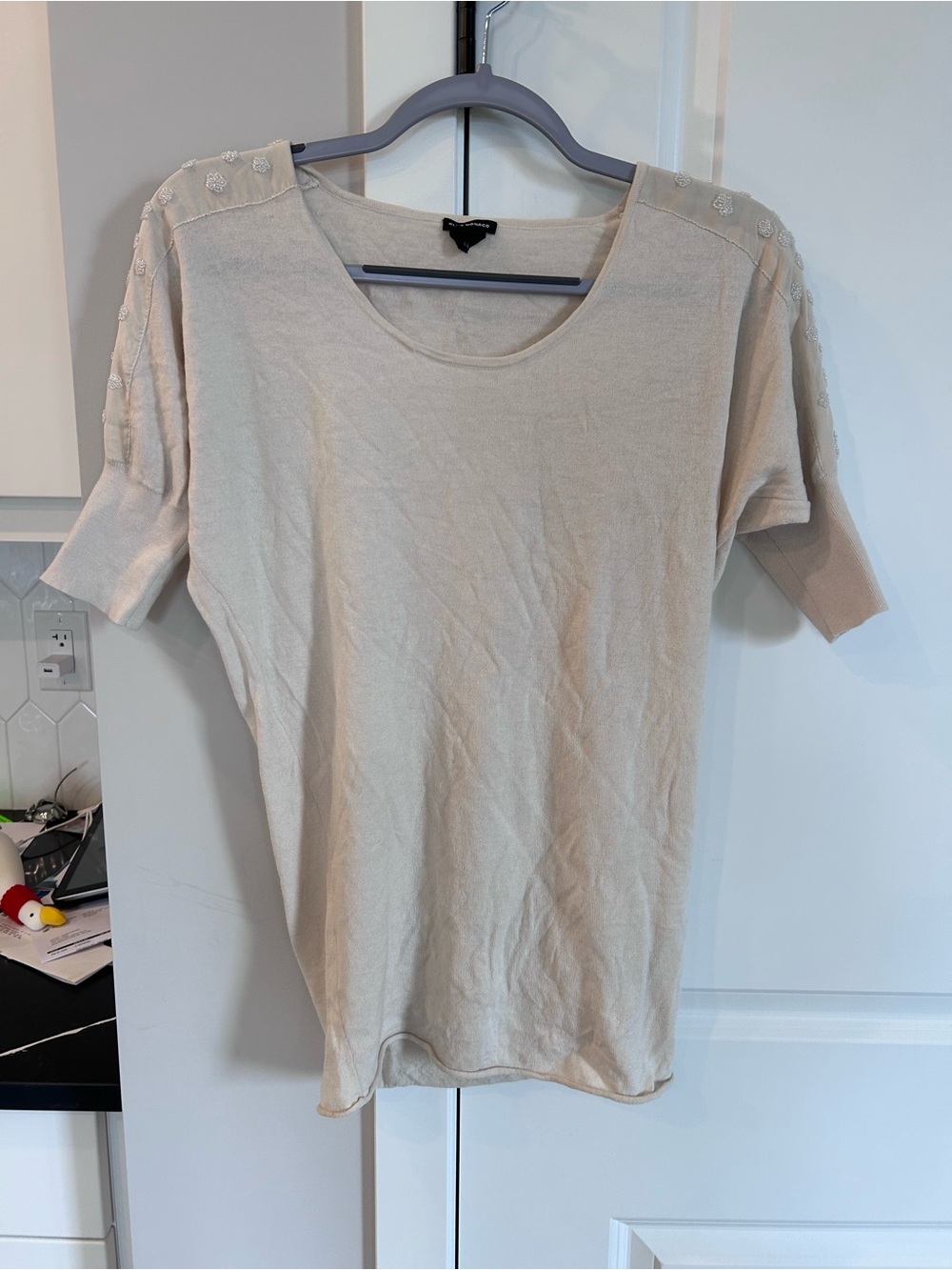 Club Monaco Ivory Angora Wool Blend Beaded Knit Top Quiet Luxury Minimalist